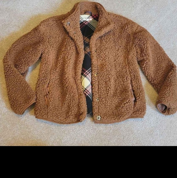 Maurices womens small brown faux fur shell coat / sweater & plaid teddy sherpa - Picture 2 of 6